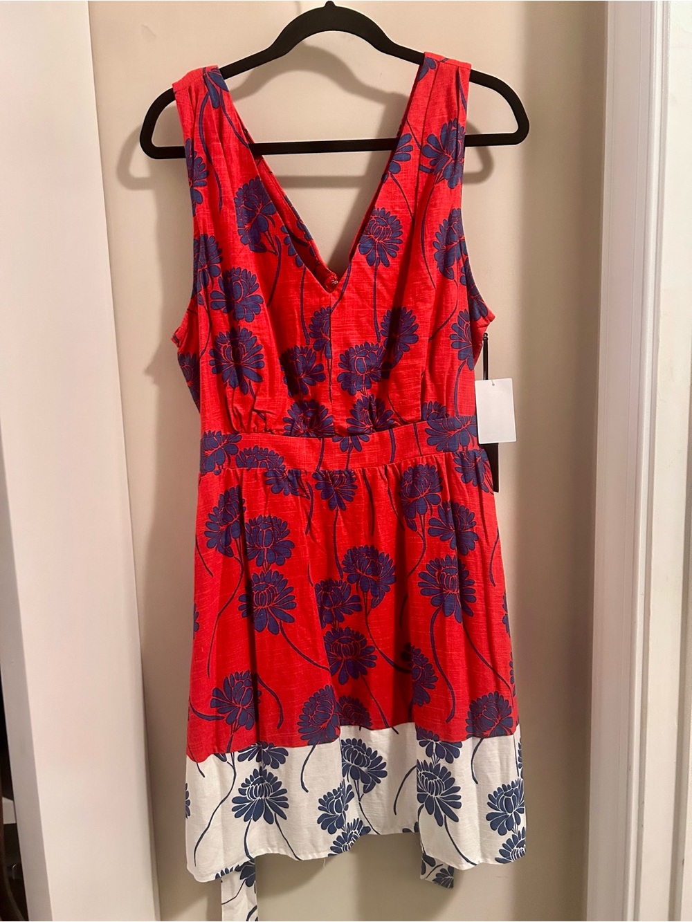 1. State Red Floral V-Neck Sleeveless Dress with Blue Print